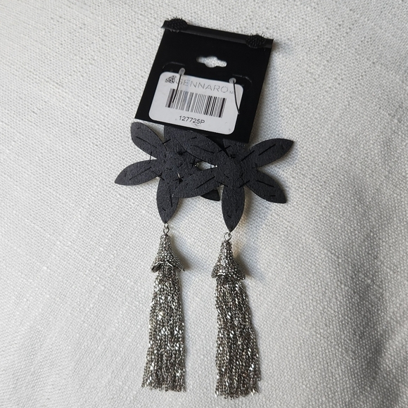 g by Gennaro Flower Dangle Earrings Black, Silver Tone Fringe Chain - Picture 2 of 8